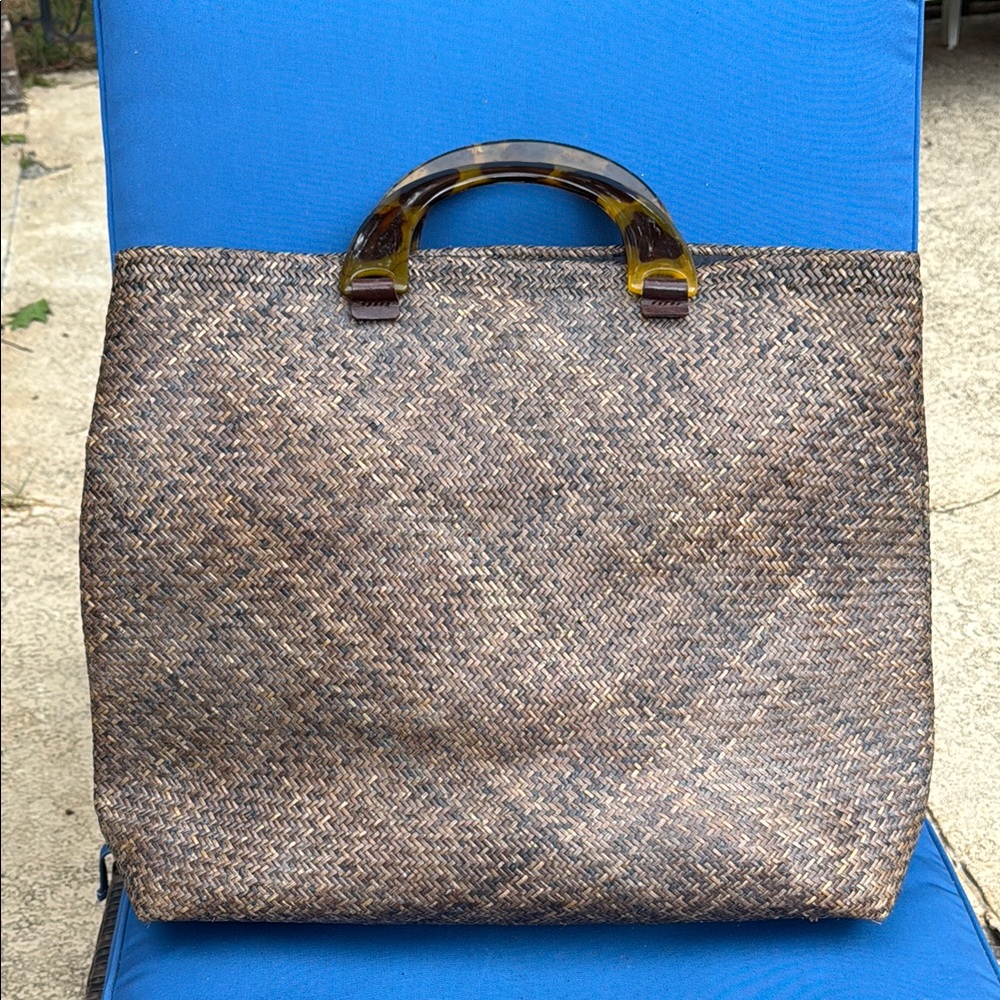 Asiaphile Los Angeles Brown Woven Rattan Tote Bag with Tortoise Shell Handles